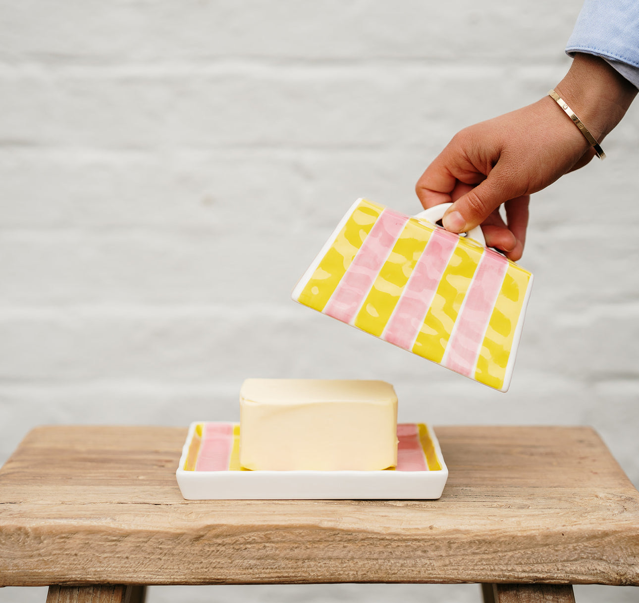 Pink & Yellow Stripe Large Butter Dish