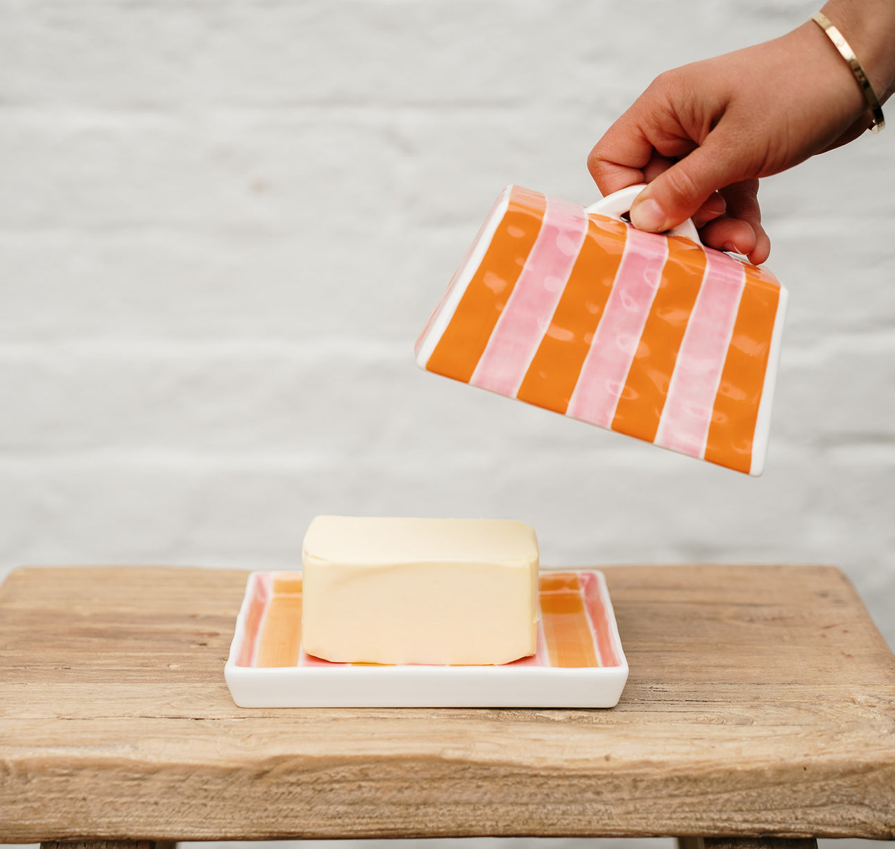 Orange & Pink Stripe Large Butter Dish