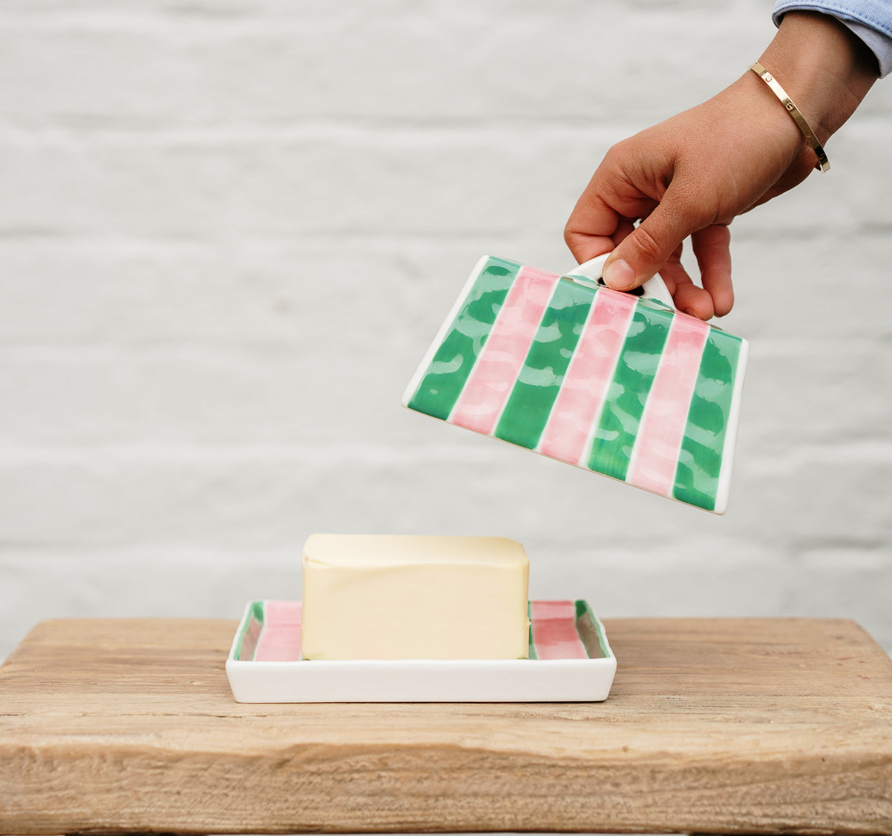Pink & Green Stripe Large Butter Dish