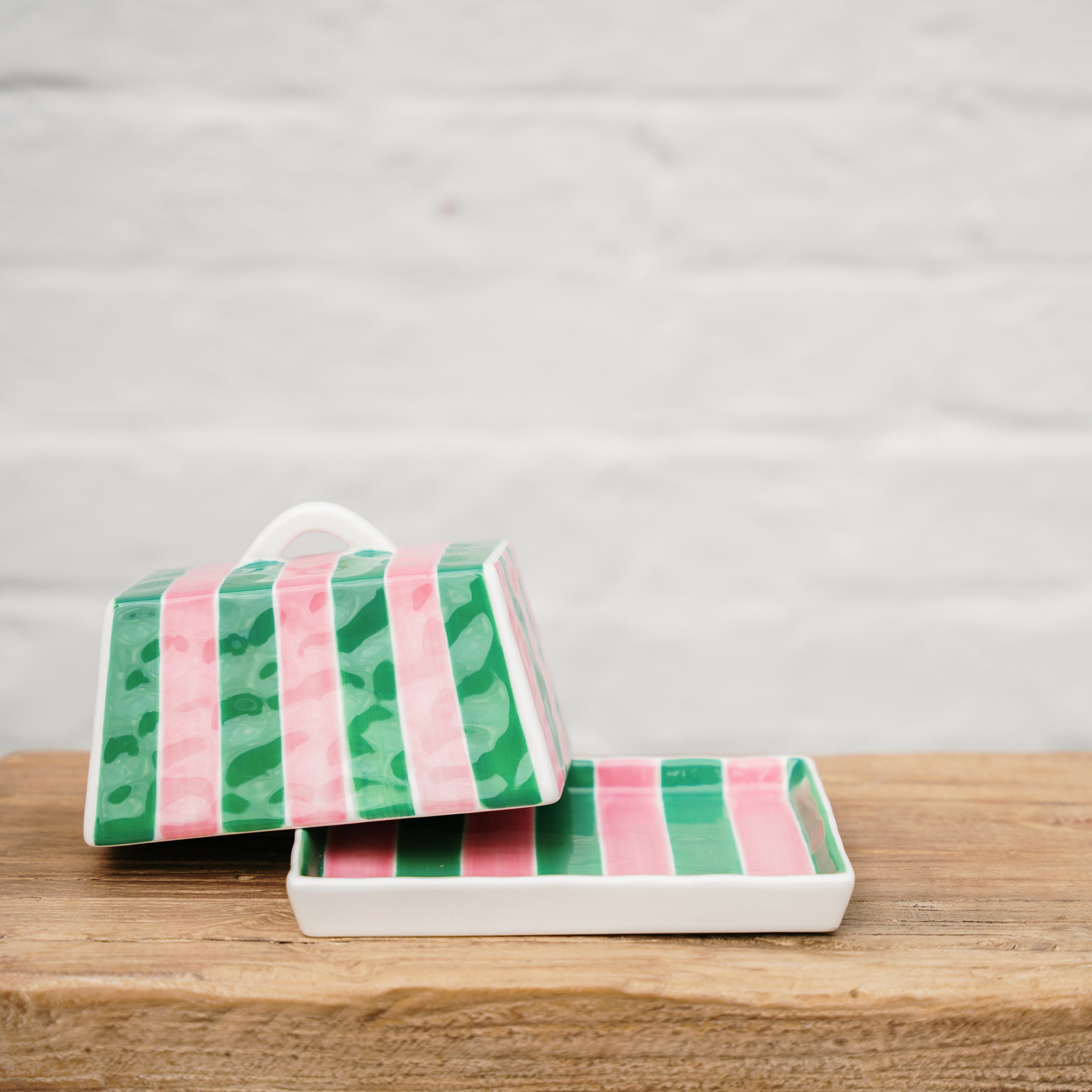 AUGUST PREORDER Large Butter Dish - Pink & Green Stripe