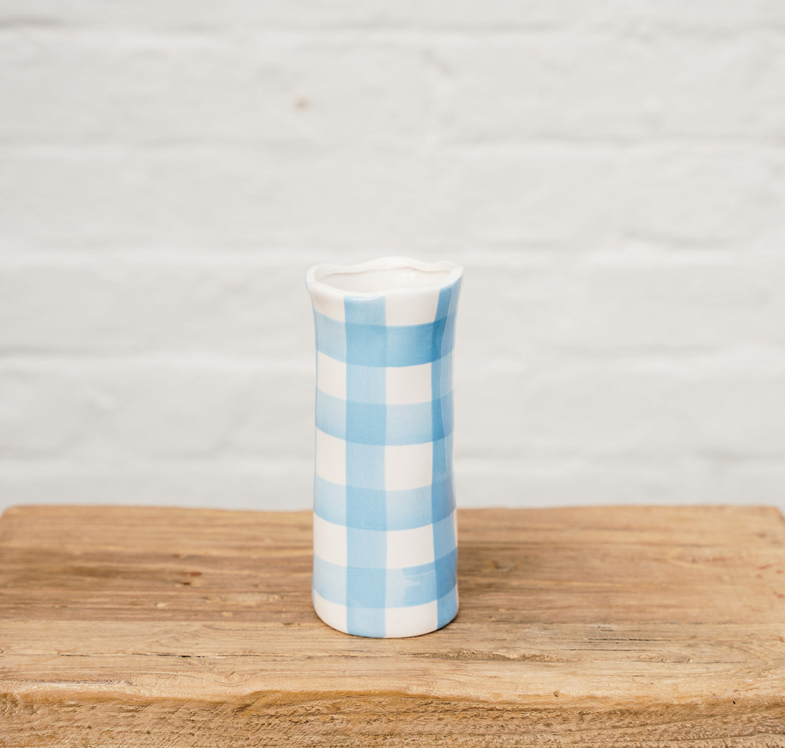Small Ceramic Vase with Cornflower Blue and White Gingham Design | Noss &amp; Co