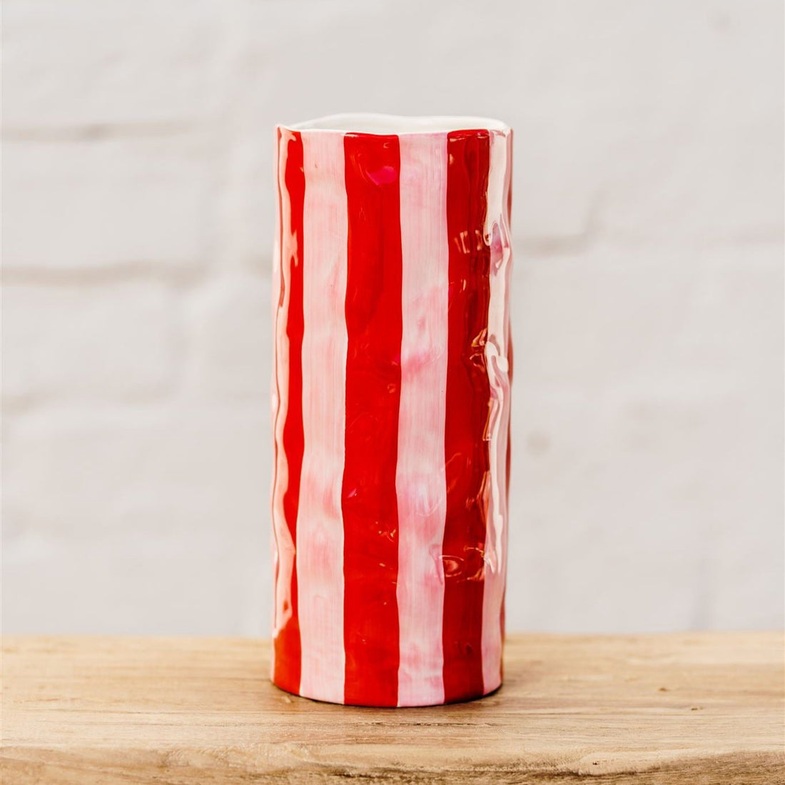 Noss &amp; Co Hand Painted Red &amp; Pink Stripe Medium Ceramic Vase