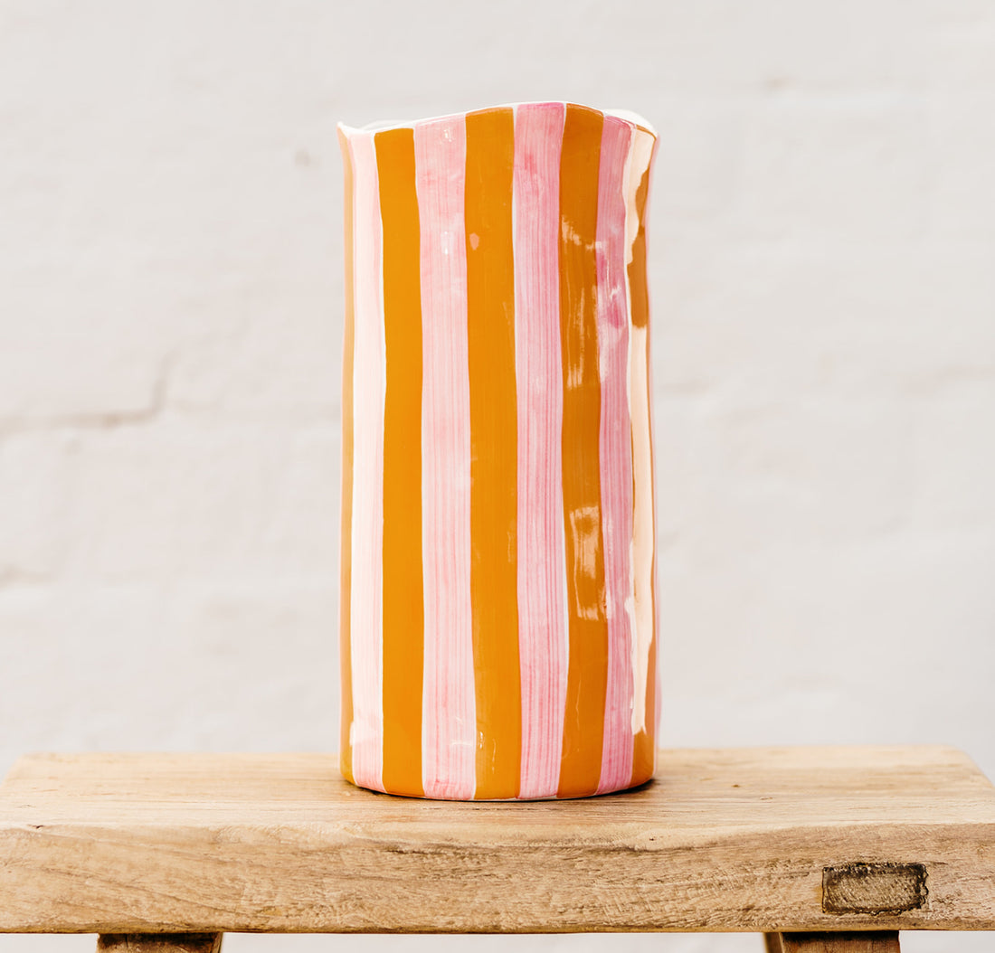 Pink and Orange Stripes Colourful Ceramic Vase | Ceramic Homewares Shop Australia