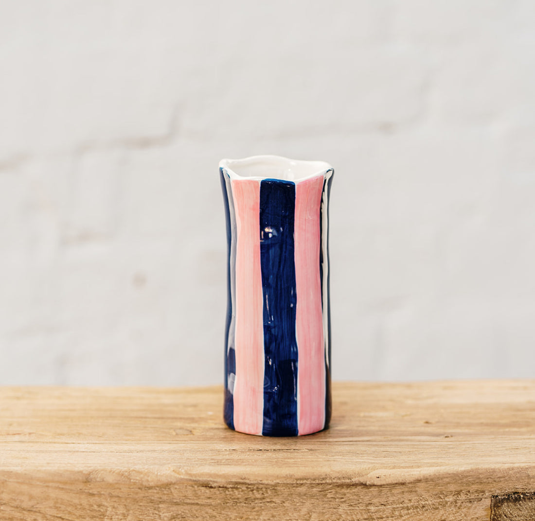 Small Handmade Ceramic Vase with Navy Blue and Pink Stripes | Noss &amp; Co Australia