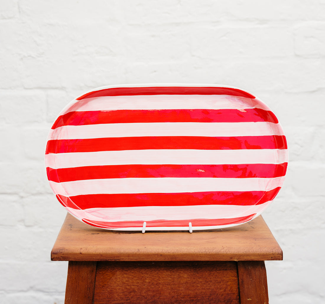 Oval Platter - Pink &amp; Red Stripes