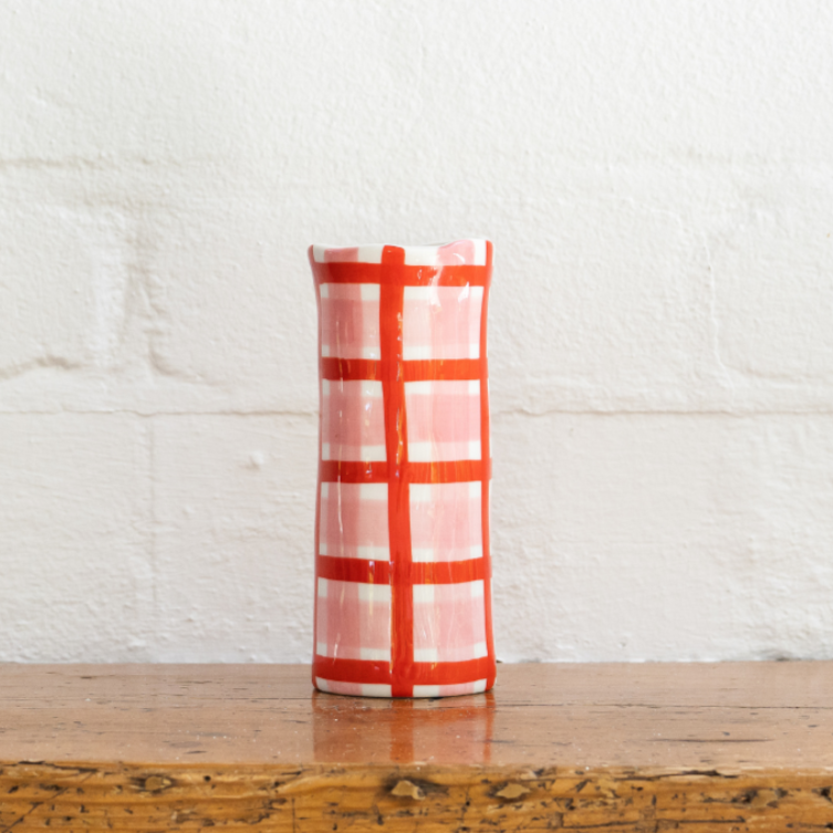 Pink &amp; Red Gingham Small Ceramic Vase | Noss and Co Handmade Ceramics Shop