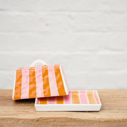AUGUST PREORDER Large Butter Dish - Orange &amp; Pink Stripe