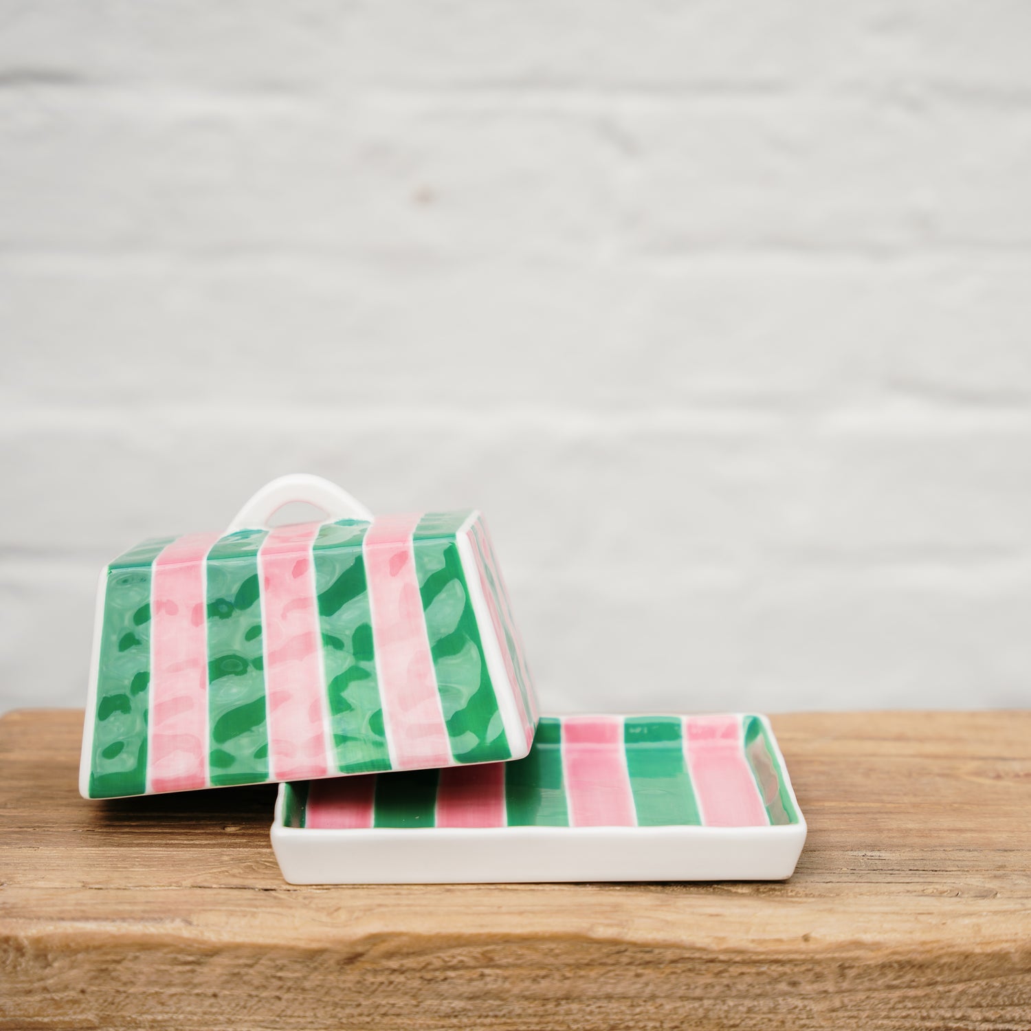 AUGUST PREORDER Large Butter Dish - Pink &amp; Green Stripe