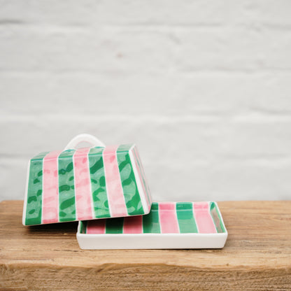 AUGUST PREORDER Large Butter Dish - Pink &amp; Green Stripe