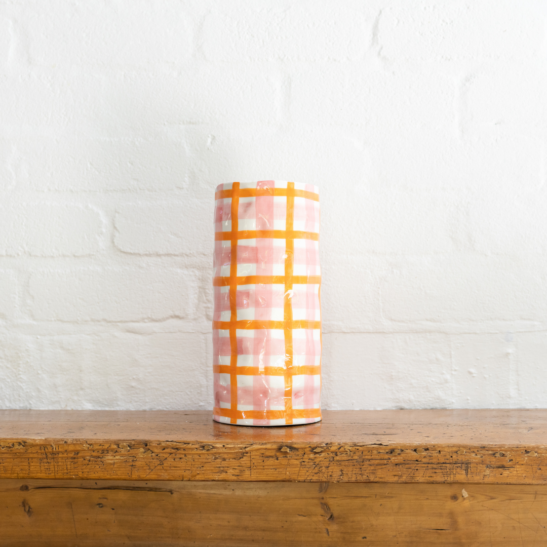 Large Pink &amp; Orange Gingham Noss and Co Ceramic Vase