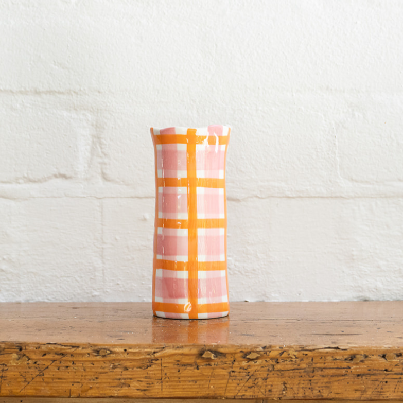 Pink &amp; Orange Gingham Patterned Small Ceramic Vase Australia